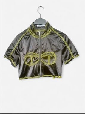 So Real Black Satin Crop Zip Top with Neon Stitching